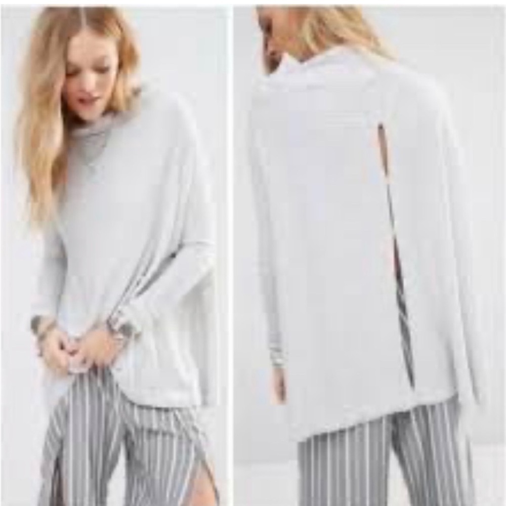 Free People We The Free Ribbed Gray Mock Neck Open Split Back Tunic Sweater